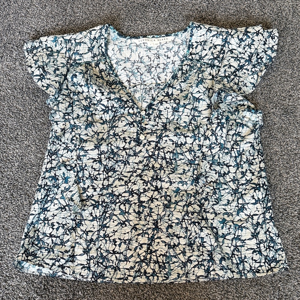 Veronica Beard Cream Blouse with Navy Floral Motif